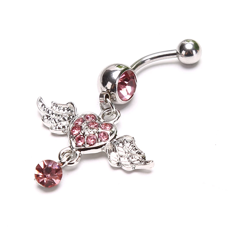 Women Fashion Piercing Crystal Heart Wing Belly Navel Ring Dangle Body Jewelry