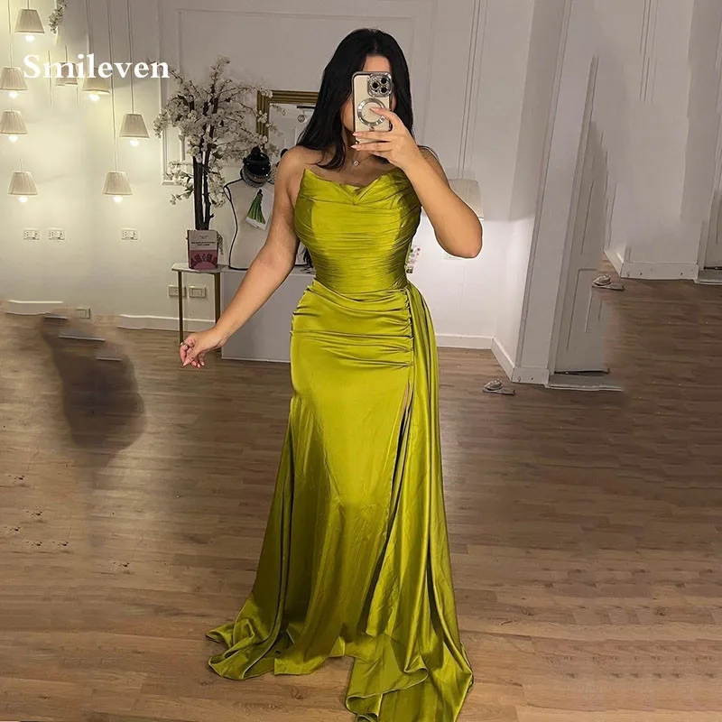 

Smileven Sexy Strapless V Neck Evening Dresses Slik Satin Prom Dress High Side Split Sleeveless Party Gowns 2024