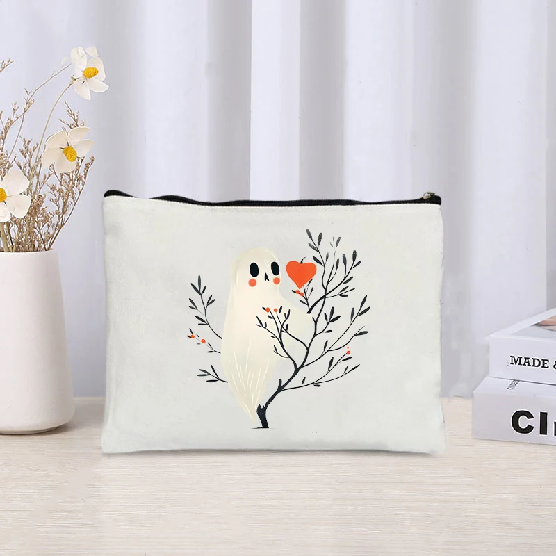 Cartoon Ghost with Red Heart Floating Printed Canvas Bag Organizer Zipper Storage Pouch Cosmetic Bag Pencil Case Halloween Gift