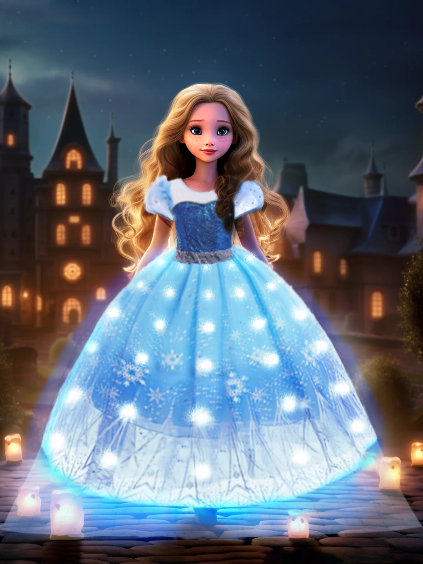 1PC Four Seasons Girl's Sequin Splicing Blue Purple Gradient Snowflake Role Playing Princess LED Glowing Skirt (Without Battery)