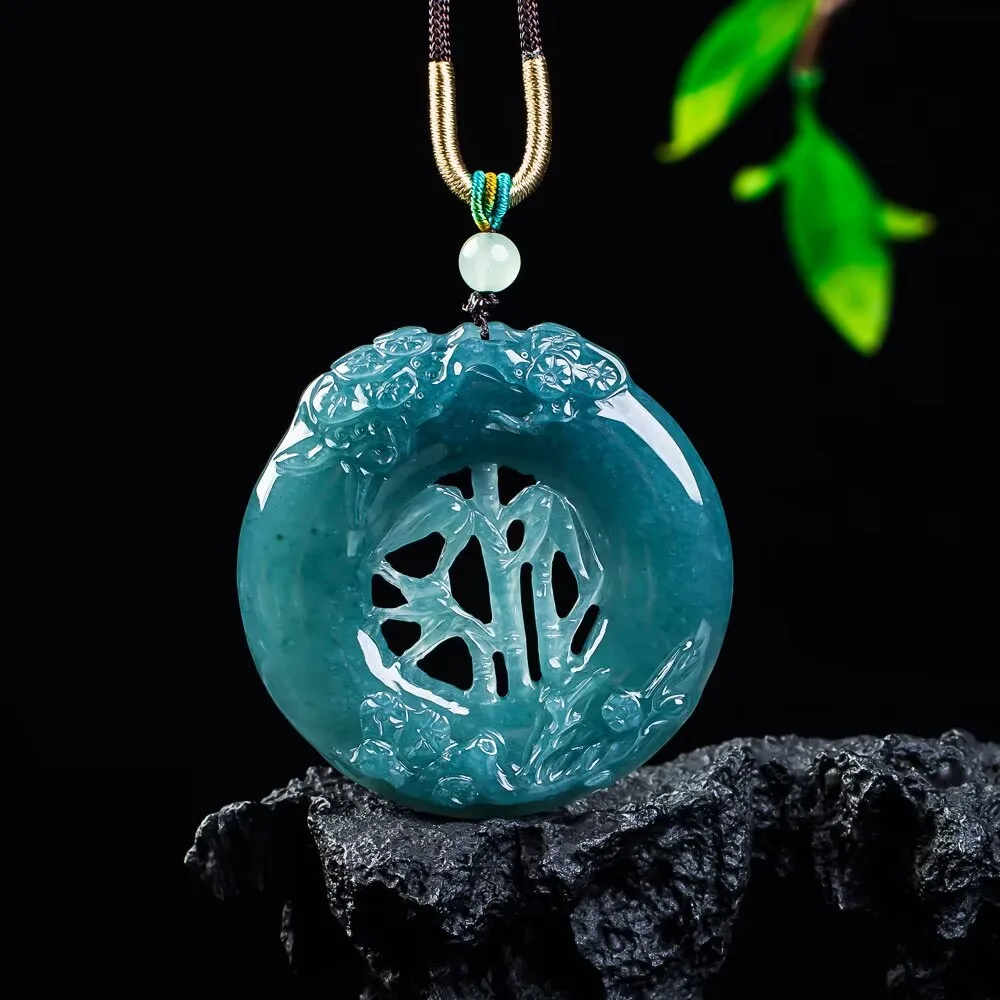 

High-end Natural Jadeite Ice-grade Bamboo-shaped Pendant with Exquisite Hollow Carving Luxurious Jewelry for Men and Women.
