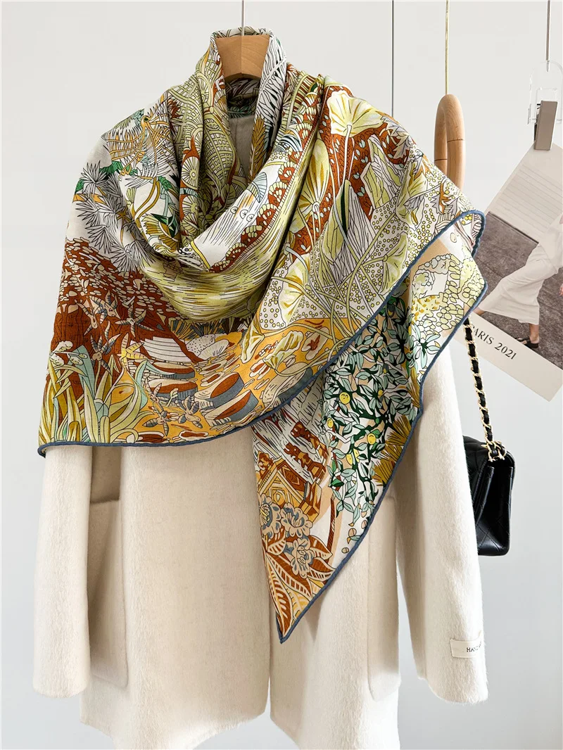 AB Sided Print Winter Soft Wool Pashmina Handrolled Edge Large Shawls Bandanas Hijab Woman Big Silk Stole Cape Scarves