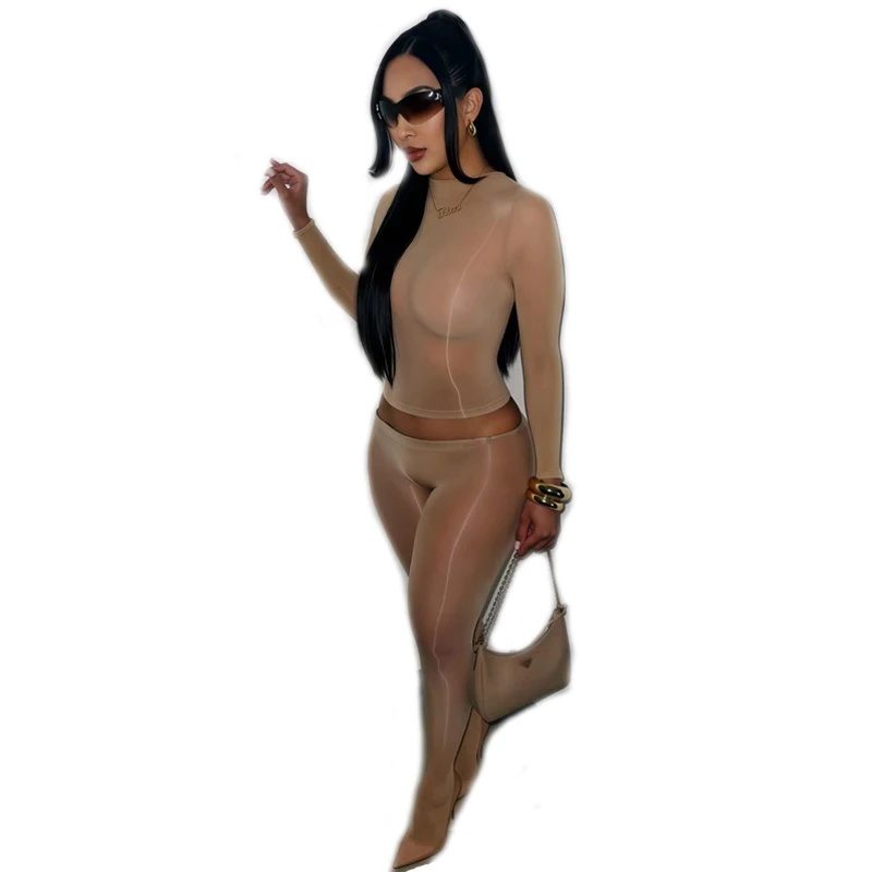 Women Clothing Sexy Stretchy Shiny See-through Crop Top and Skinny Pants Suits 2 Piece Set Female Night Clubwear Outfits
