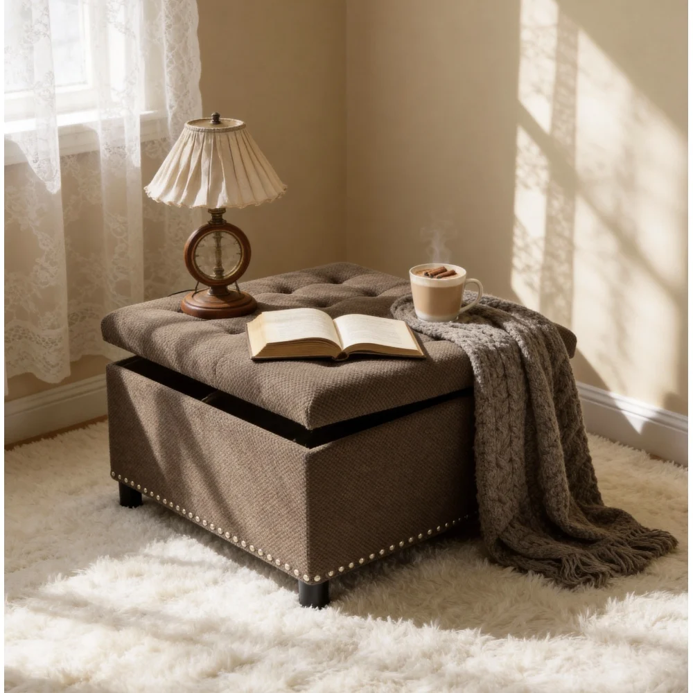 Orraves Dark Brown Square Storage Ottoman, Tufted Nailhead Trim Footstool, Upholstered Coffee Table for Living Room & Bedroom Small Space Decor