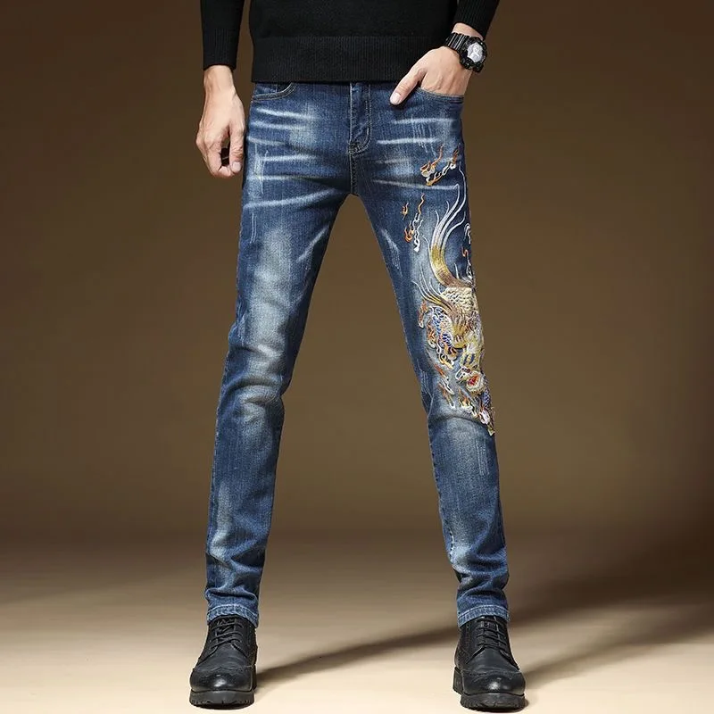 

Ele Embroidered Slim Fit Men's Jeans Elastic Personali Pattern Long Trousers Youthful Trendy Classic Sle Casual Wear