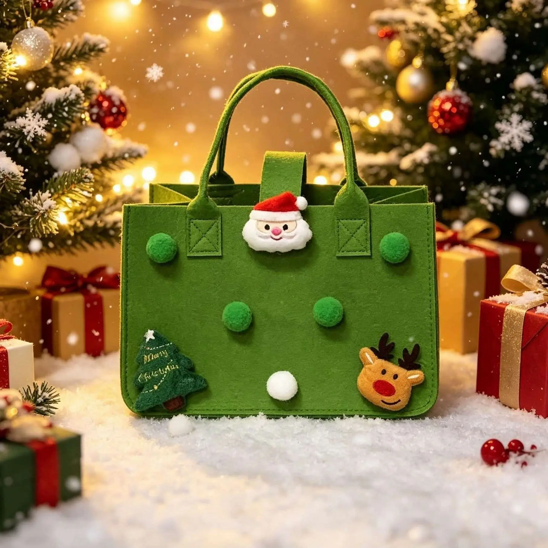 Christmas Felt Handbag Cute Santa Reindeer Snowman Decor Gift Bag Holiday Gift Packaging Tote Bag Xmas Party Portable Hand Bags