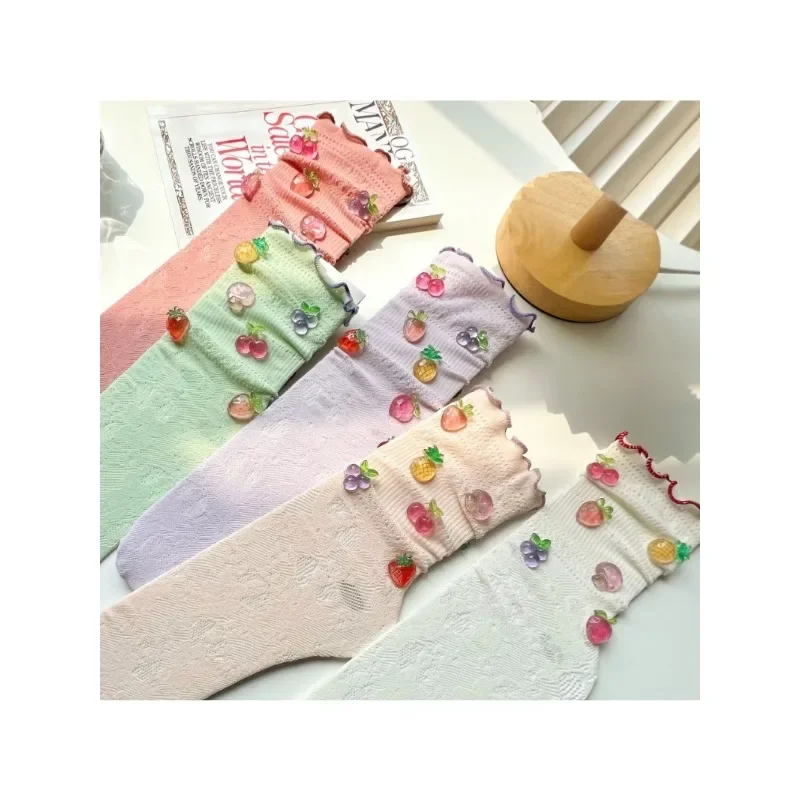 Chaussettes de mollet en résille en dentelle pour filles, chaussettes mignonnes Kawaii, couleur bonbon, fête des fruits de la Gatineau, printemps et été, Y2K