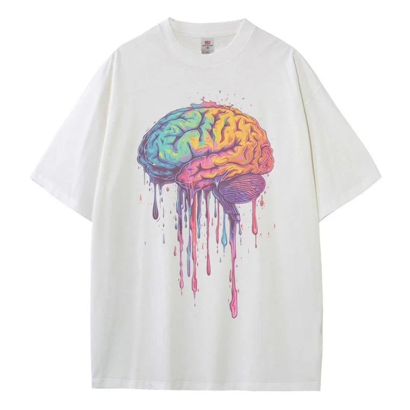 Cotton Graphic T Shirts Colorful Brain Illustration Printed Unisex Tops Heavyweight Drop Shoulder Oversized T Shirt Breathable