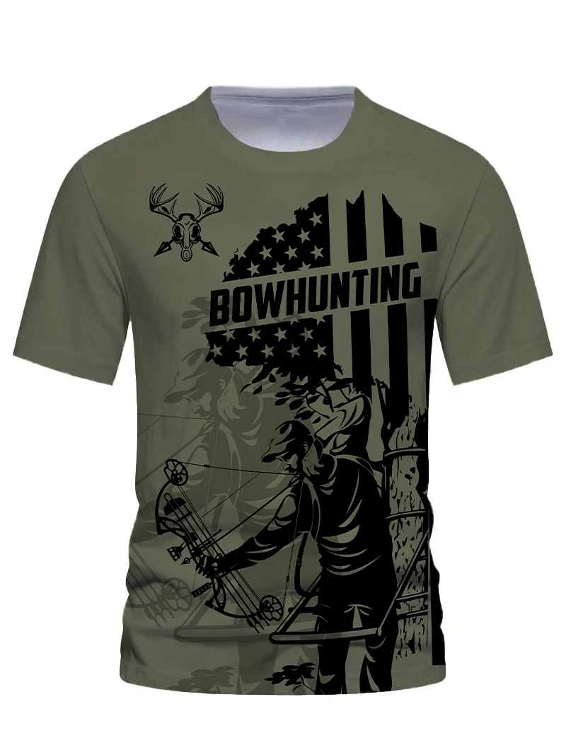 Bow Hunter Deer Hunting American Flag 3D Full Body Print T-Shirt, Hunter Bow T-Shirt