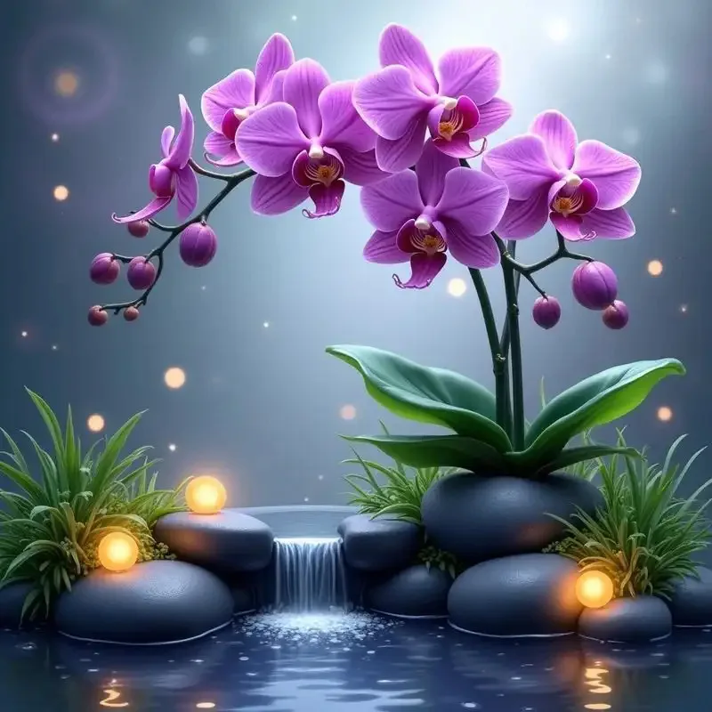 Kit de Peinture Diamant Complet - Paysage d'Orchidée Violette Sereine et Cascade Zen - Art Cristal Brillant 5D DIY pour Adultes