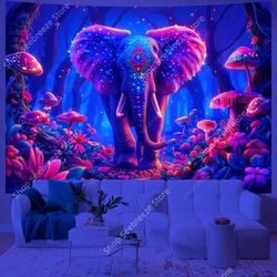Elephant UV Reactive Tapestry Psychedelic Forest Flower Tapestry Wall Hanging for Kawaii Room Decor Aesthetic Bedroom Wall Decor