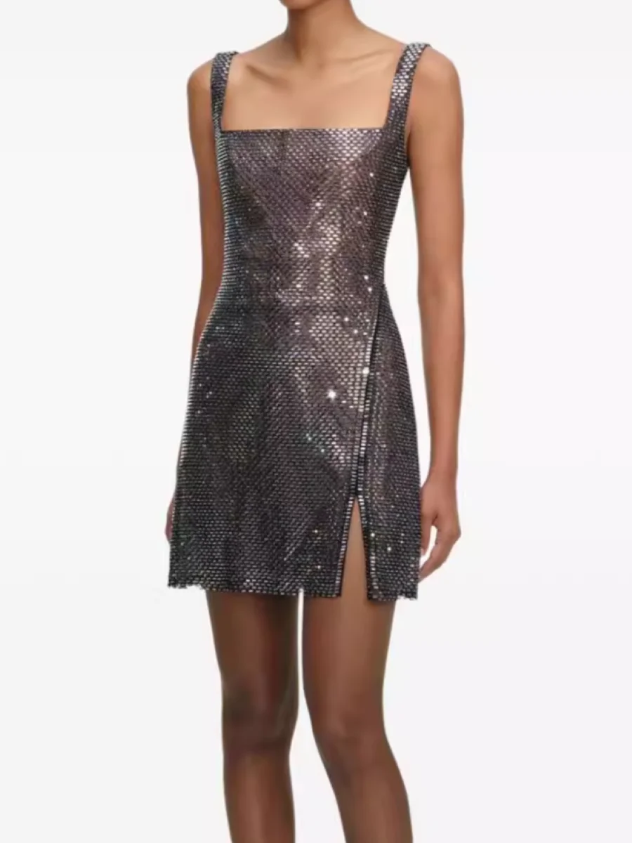 

Женское платье на бретельках с тяжелыми стразами и квадратным воротником, без рукавов, с высокой талией, тонкий мини-халат