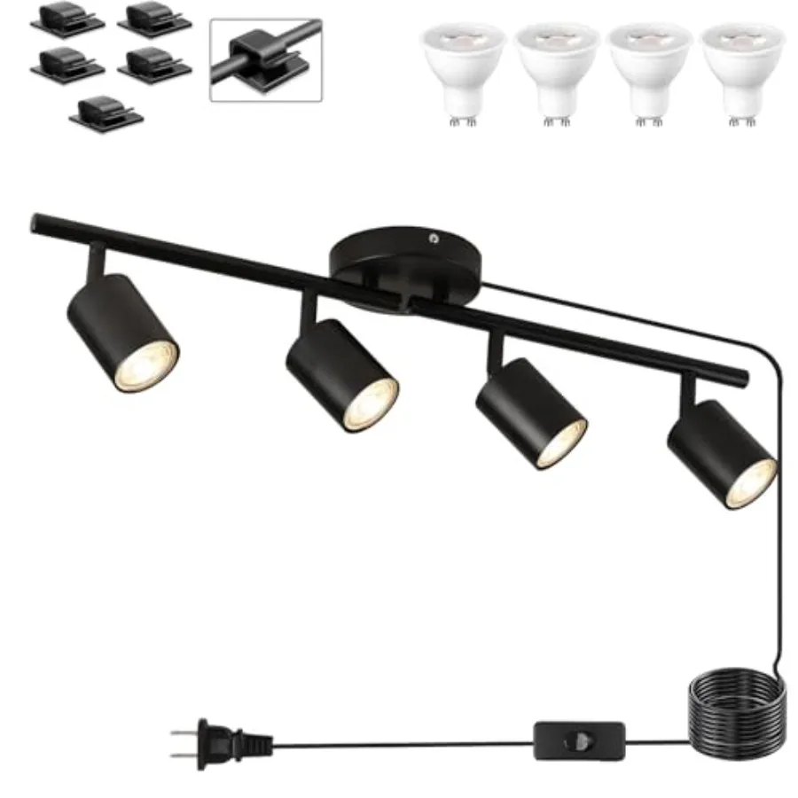 

Plug in Track Lighting Kit 80cm LED 4 Light Kitchen Track Lighting Corded Wall Light with 16.4ft Cord 4 Way Ceiling Spot Lighti
