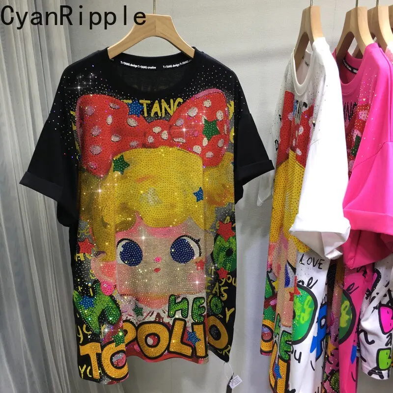 Luxury Cartoon Hot Diamonds Women T-shirt New Spring Summer Oversize Pullover Top Mid-long Round Neck Casual Short Sleeve Tees