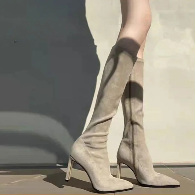 

High Heeled Women Boots Knee High Boots High Quality Fashion Pointed Toe Side Zipper Suede High-heeled Women's Boots Botas Mujer