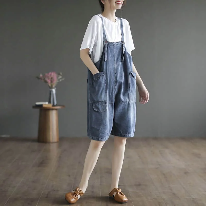 Denim Jumpsuits Women Vintage Korean Style One Piece Outfit Casual Cropped Rompers Solid Straight Jeans Summer Women Clothing