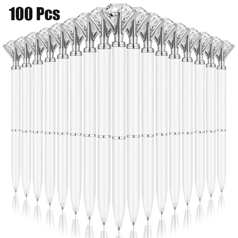 100Pcs White Silver Diamond Top Twist Ballpoint Pens, Clear Crystal Metal Signature Pens, Black Ink Guest Book Pens for Wedding