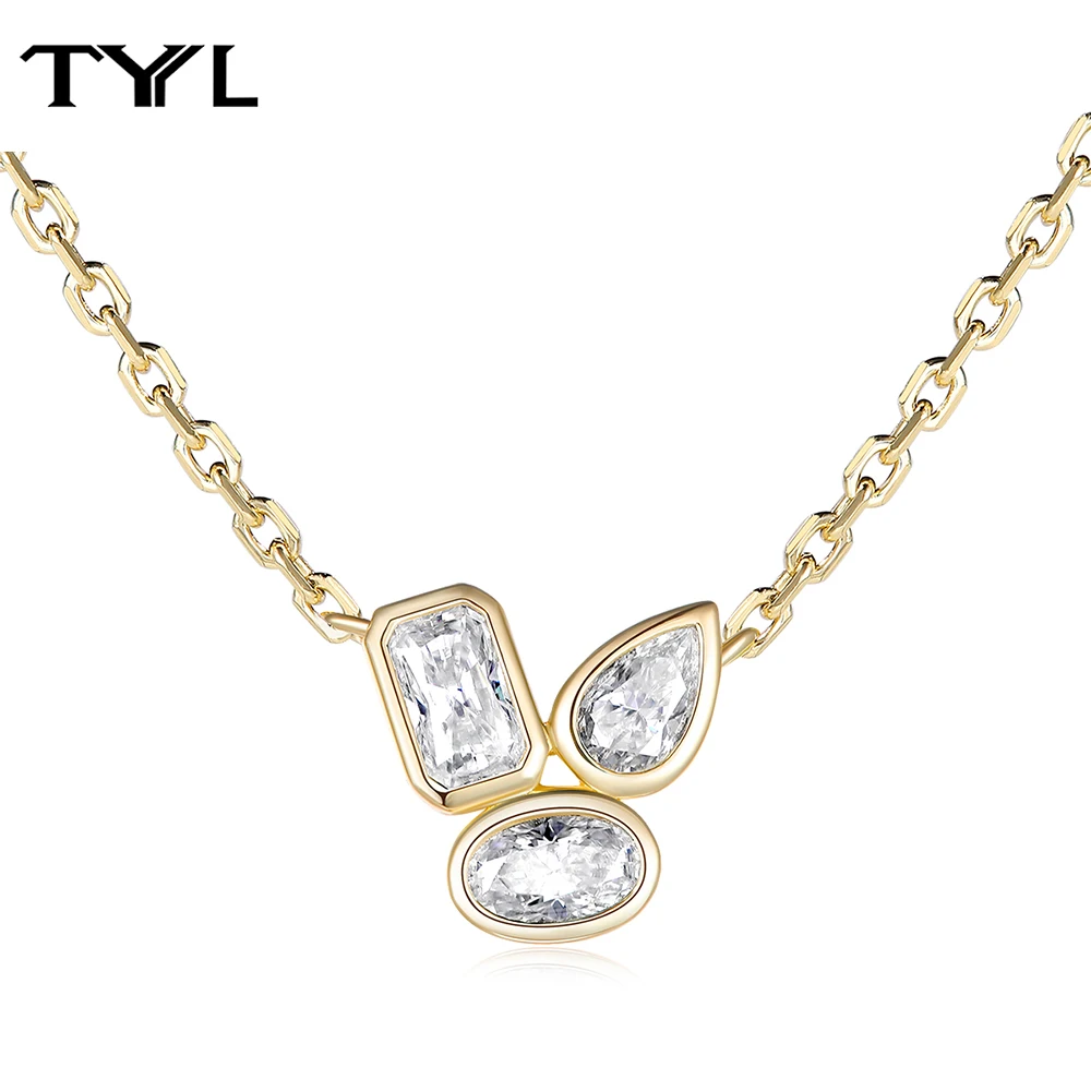 

TYYL ожерелье с подвеской из 3 камней для женщин, серебро 925 пробы, цепочка на ключицу с улыбкой, колье, круглая сияющая груша, бриллианты, вечерние ювелирные изделия, подарки