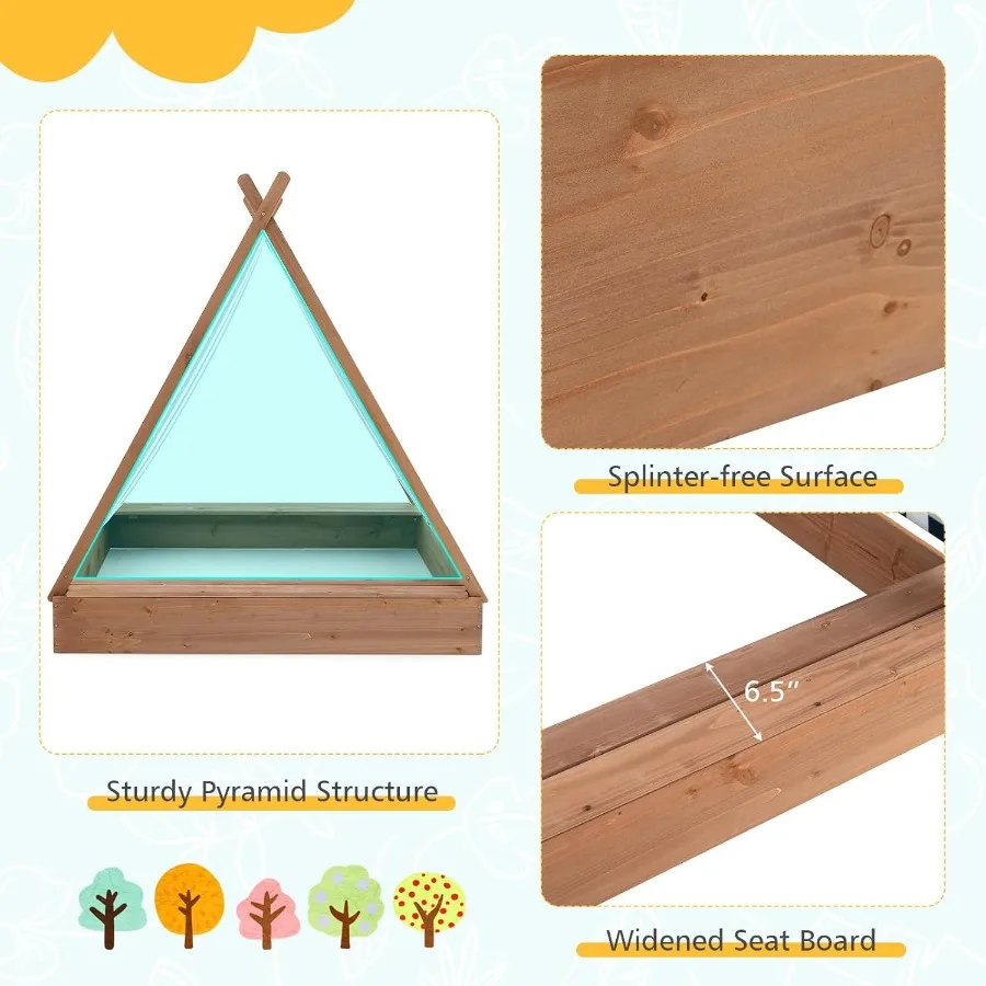 Caja de arena con dosel de madera de abeto sin fondo para niños pequeños, juego de arena con dosel de tela de buey extraíble, cajas de arena para patio trasero al aire libre Bea