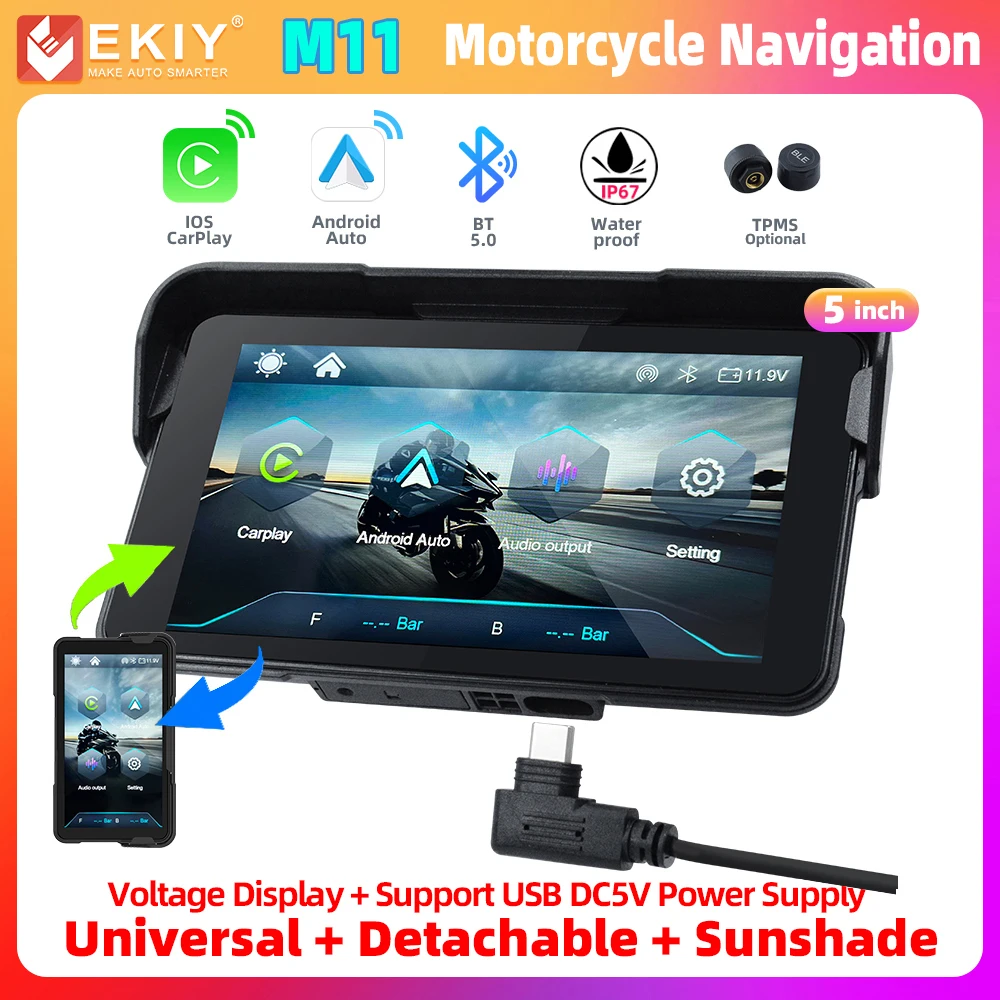 EKIY バイク用ワイヤレスCarPlay Android Auto対応モニター 防水