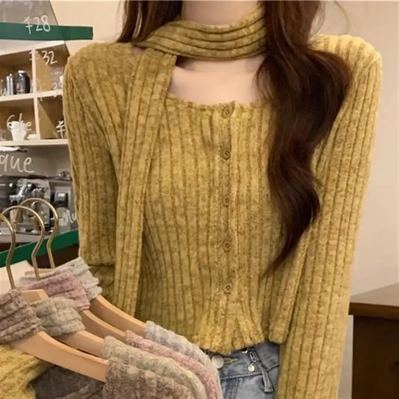 

Faionable ort Knitted Cardigan Long Sve Square Collar Design Slimming Women's irt Versatile Cro-pleasing Lace Top