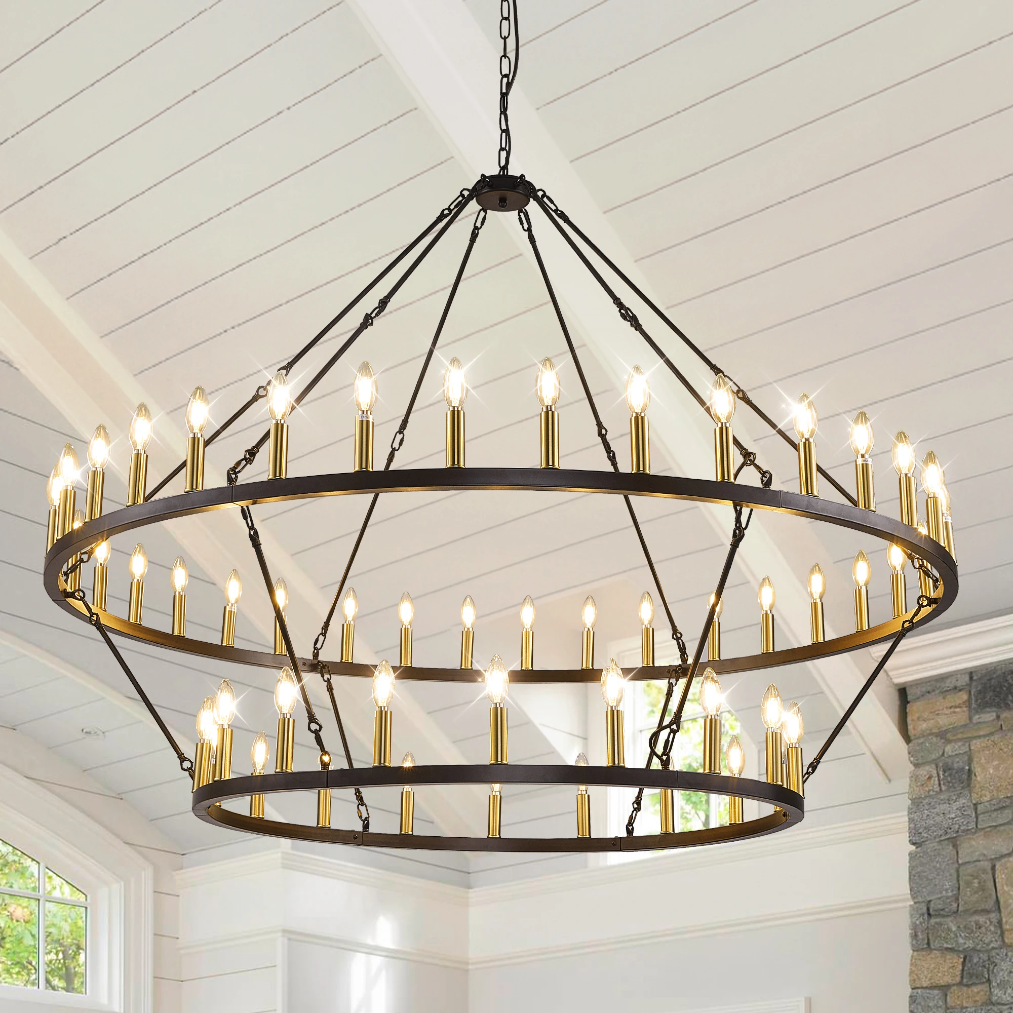 60'' Extra Large Wagon Wheel Chandelier 2 Tier 54-Light Farmhouse Pendant Light Fixture Round  Hanging Lighting for High Ceiling