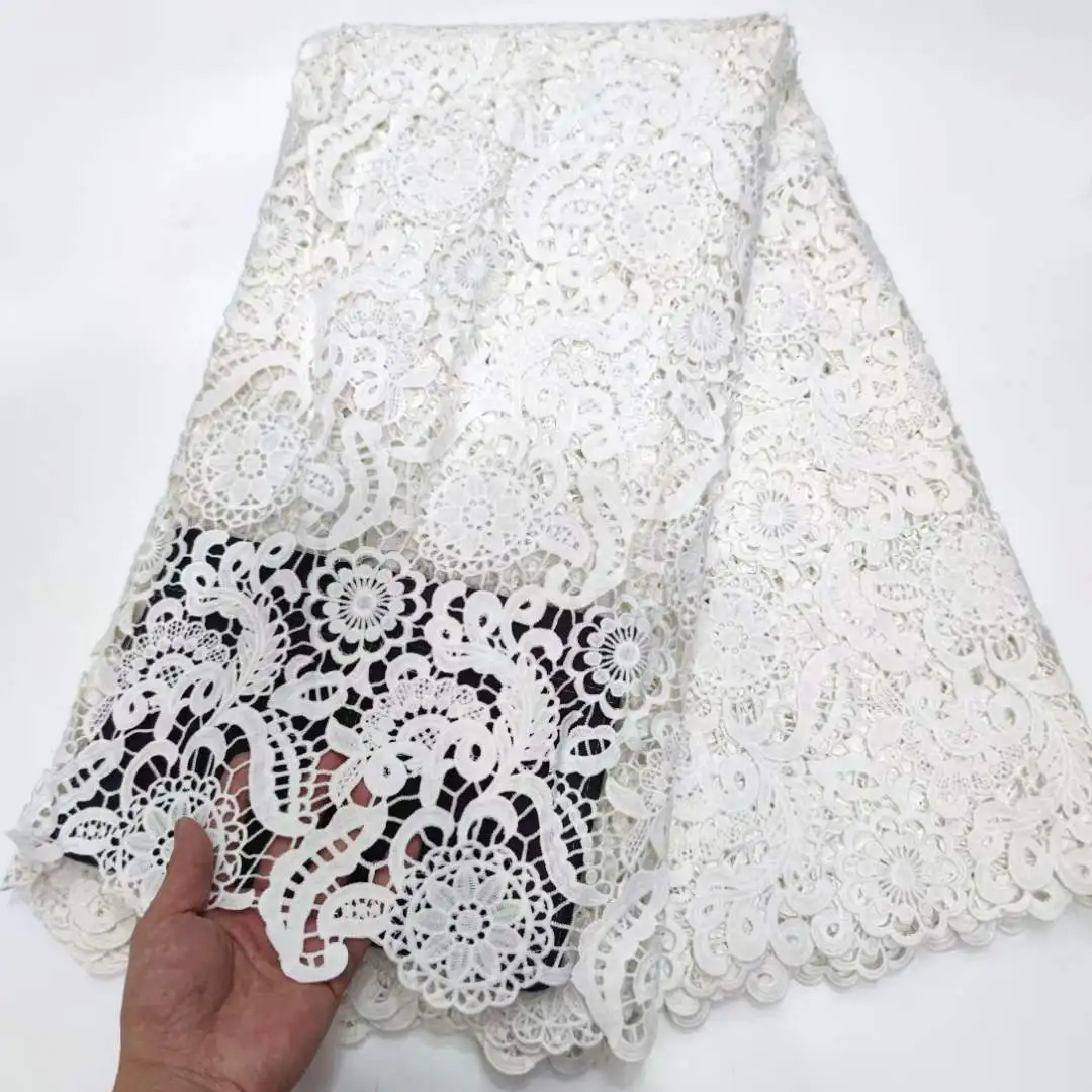 

White Guipure Cord Lace Fabric 2024 High Quality African Water Souble Lace Fabric For Women Party Dresses Sew Yy