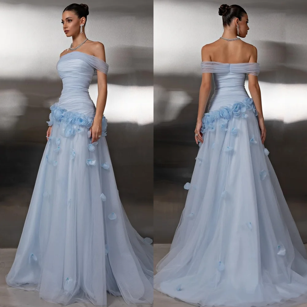 

Customized Classic High Quality Tulle Handmade Flower Pleat A-line Off-the-shoulder Long Dresses Bespoke Occasion Dresses Sexy