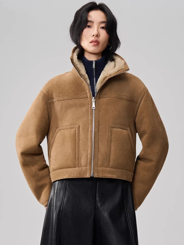 

High-end Luxury Lamb Fur Suede Jackets Women Simple Stand Collar Double-sided Wear Short Winter Genuine Leather Real Fur Coat