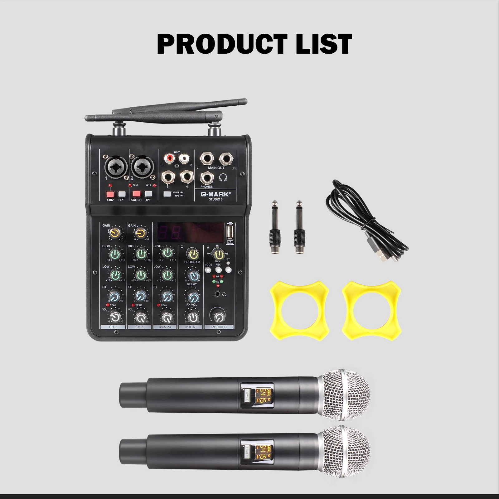 خلاط صوت محمول مع ميكروفون ، استوديو ، بلوتوث ، وحدة تحكم دي جي ، واجهة USB 48 فولت ، ألواح خلط للبث المباشر ، 6