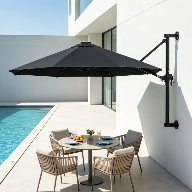 Parasol d'extérieur, Parasol de jardin, Fixation murale, Poteau en métal, 300 cm, Anthracite, Robuste, Durable, pour Terrasse, Jardin, Balcon, Facile à manipuler, Gain de place