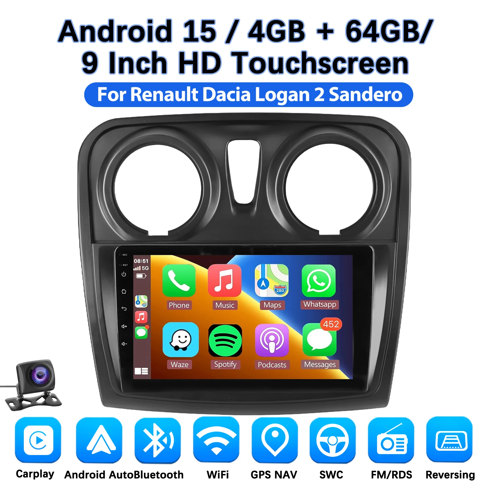 DAB+ Android 15 autoradio voor Renault Logan 2 2012 - 2019 Sandero 2 2014 - 2019 Multimedia Navigatie Carplay Head Unit 2 Din