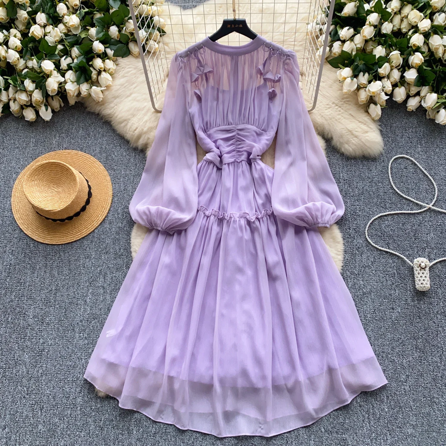 Vintage  Elegant Beading Folds Lantern Sleeve  sweet Dress Women basics Fashion summer Spring dresses