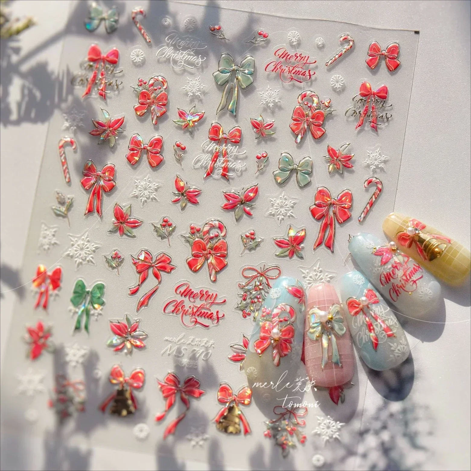 Christmas Red Green Bowknot Snowflake Cane Bell Ilex Cornuta Adhesive Nail Art Stickers Chic Shiny Rhinestone Manicure Decals