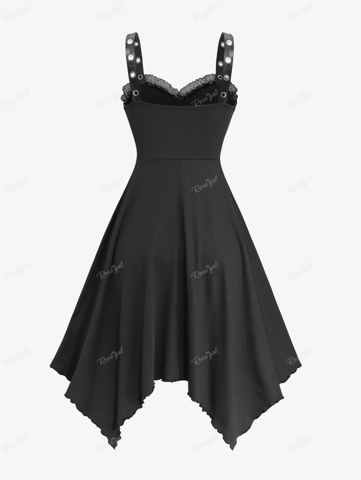 ROSEGAL Plus Size Tank Dress Flower Appliques PU Leather Waist Sheer Lace Trim Ruffles Asymmetrical Dress Black Casual Vestidos