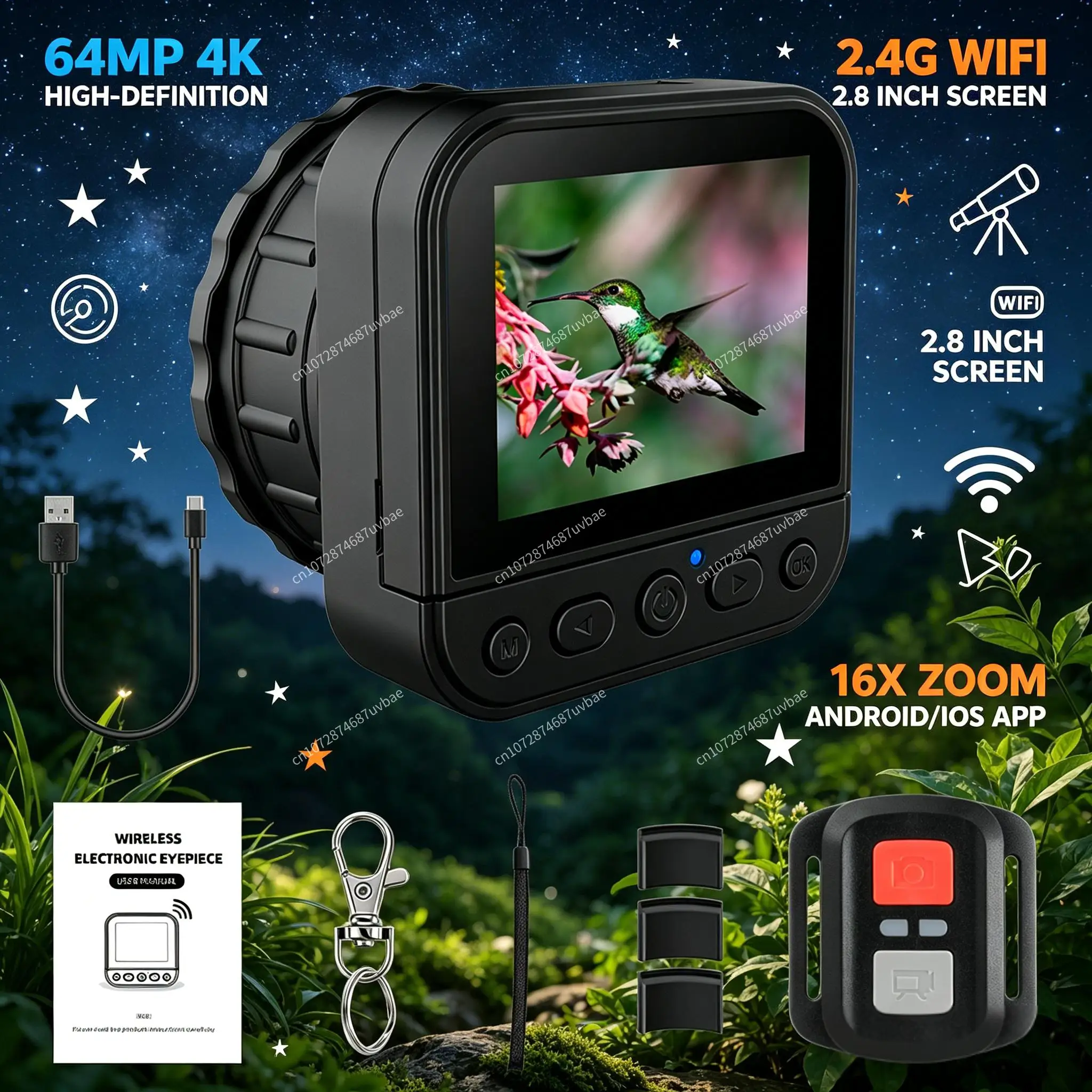 Professional 64MP 4K Digital Telescope Eyepiece Camera With 2.8 Inch Screen Support 512GB Micro SD 16X Zoom 2.4G WiFi Connection