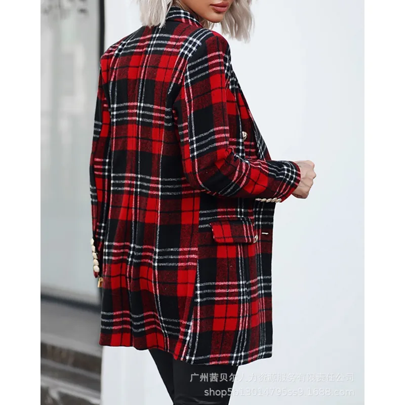 Y2K INS Clothes Autumn Winter Long Sleeve Lapel Collar Double Breasted Pocket Coat Outwear Elegant Plaid Corset Blazer Top