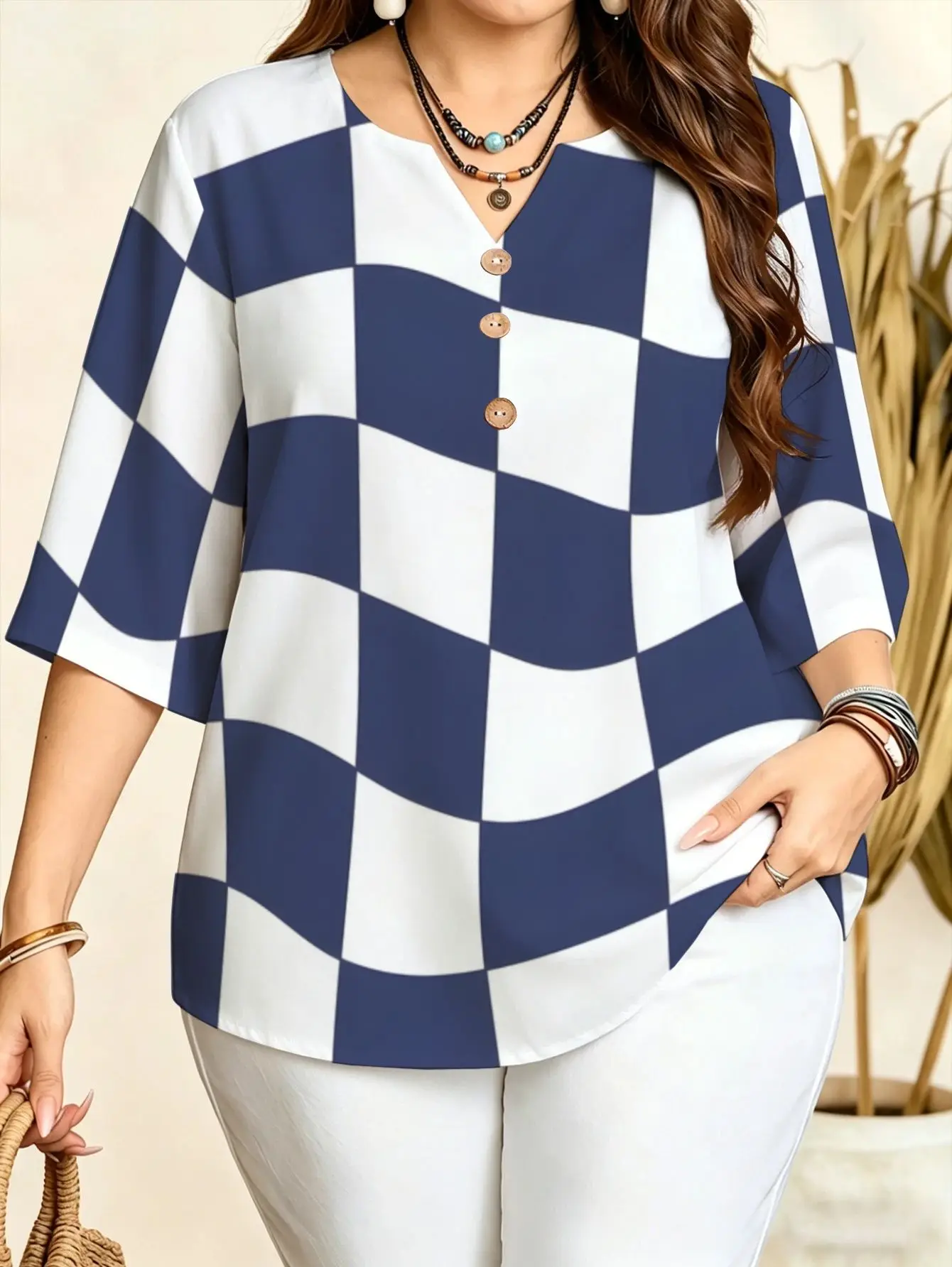 Notch V Neck 3/4 Sleeve Blouse Plaid Tartan Checkerboard Fluid Wave Abstract Print Loose Women Casual Top