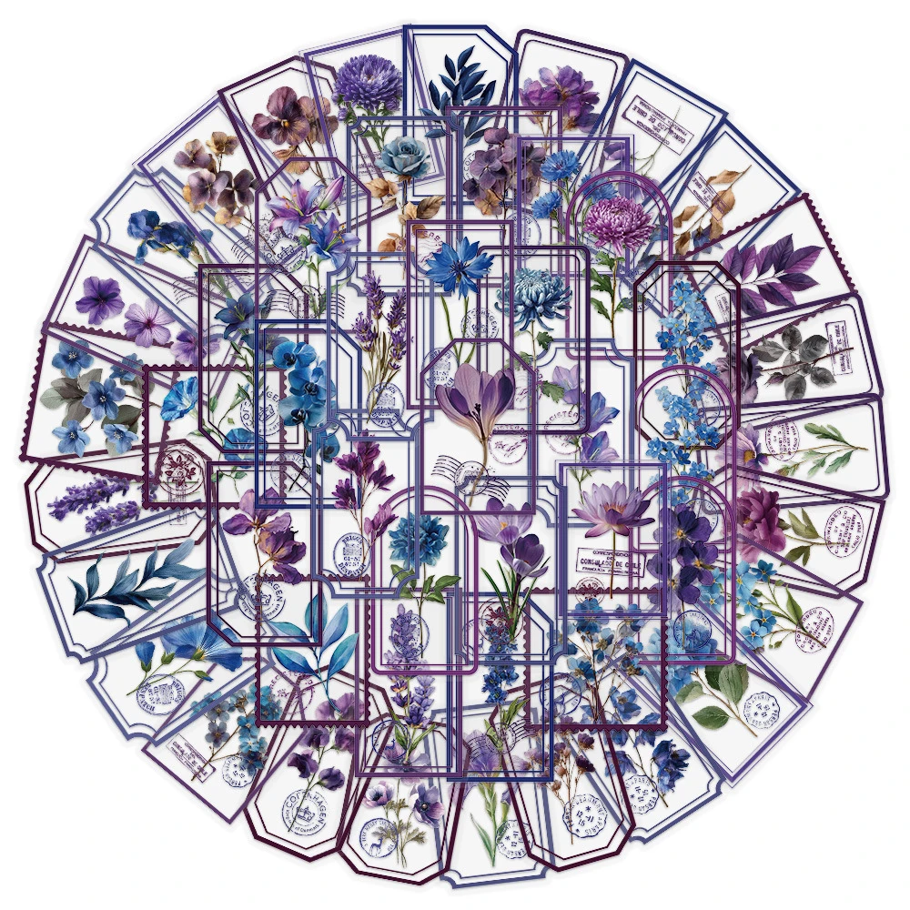 10/30/50pcs Cartoon Purple Flower Stamp Stickers Aesthetic DIY Notebook Phone Guitar Diary Cute Waterproof Graffiti Sticker Pack
