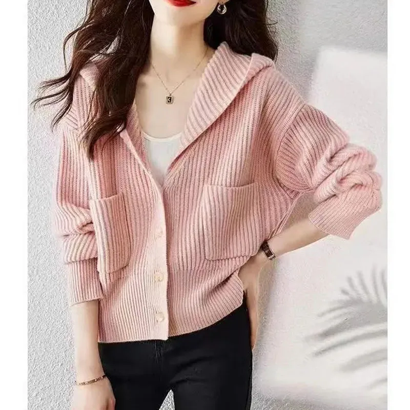 

American Female Long Sleeves Knit Jacket 2025 Women Fashion Hooded Knitted Autumn Lady Casual Solid Color Short Sweater Cardigan
