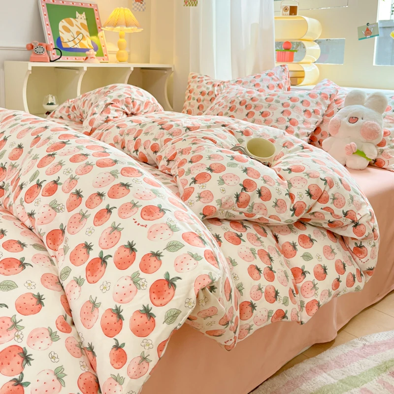 Korean Girls Cherry Bedding Set, Soft Cotton Bed Sheet, Quilt Cover, Pillowcase, Bed Linens, Comforter Sets