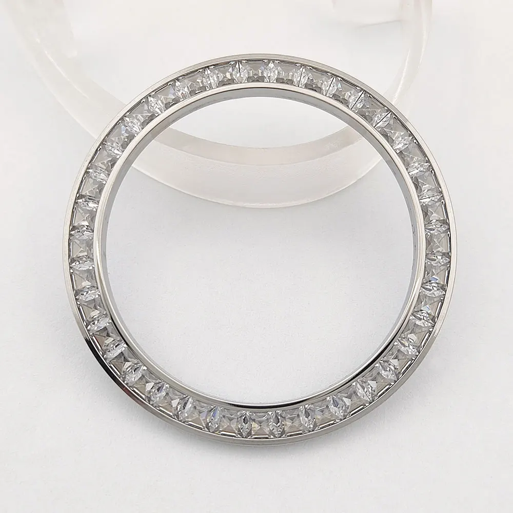 Lunette diamantée de 39,2 mm x 30,8 mm avec incrustation de verre métallique inclinée circulaire de haute qualité adaptée au remplacement du boîtier VK63 watcha ccessor