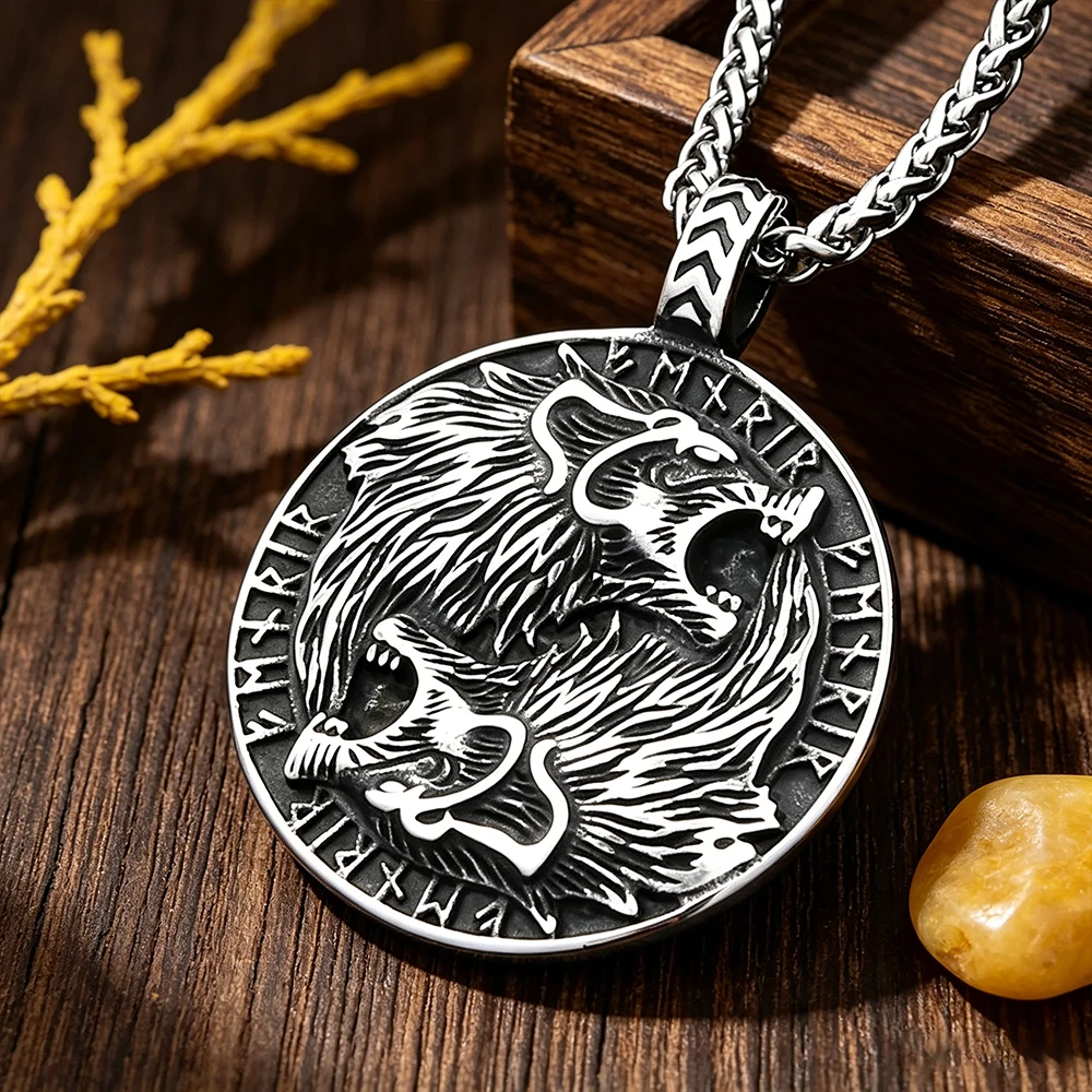 Stainless Steel Viking Wolf Head Rune Pendant Necklace Men Women Vintage Norse Guardian Amulet Daily Wear Jewelry Gift Dropshipp