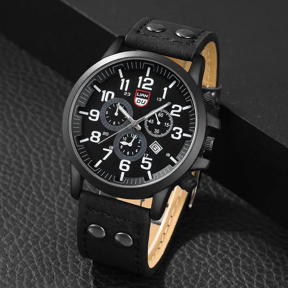 5PCS Set Hip Hop Fashion Mens Bracelet Watches For Men Calendar Quartz Wrist Watch Male Casual Leather Watch Reloj Hombre