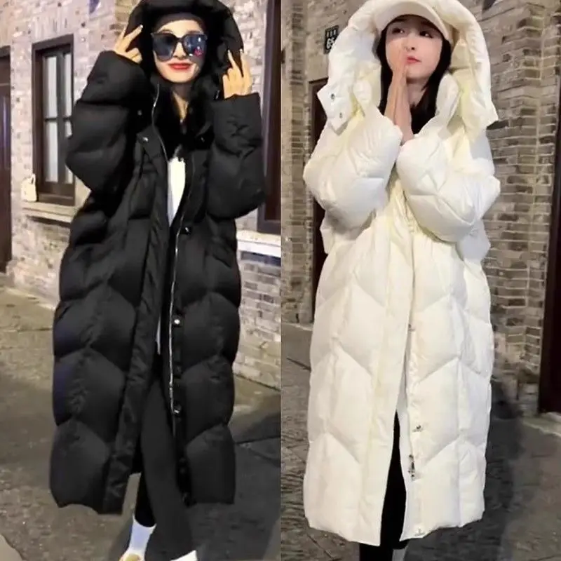 

Свободная хлопковая куртка с капюшоном, длинная пуховая хлопковая куртка для женщин зимы 2025, новое толстое и теплое хлопковое пальто большого размера