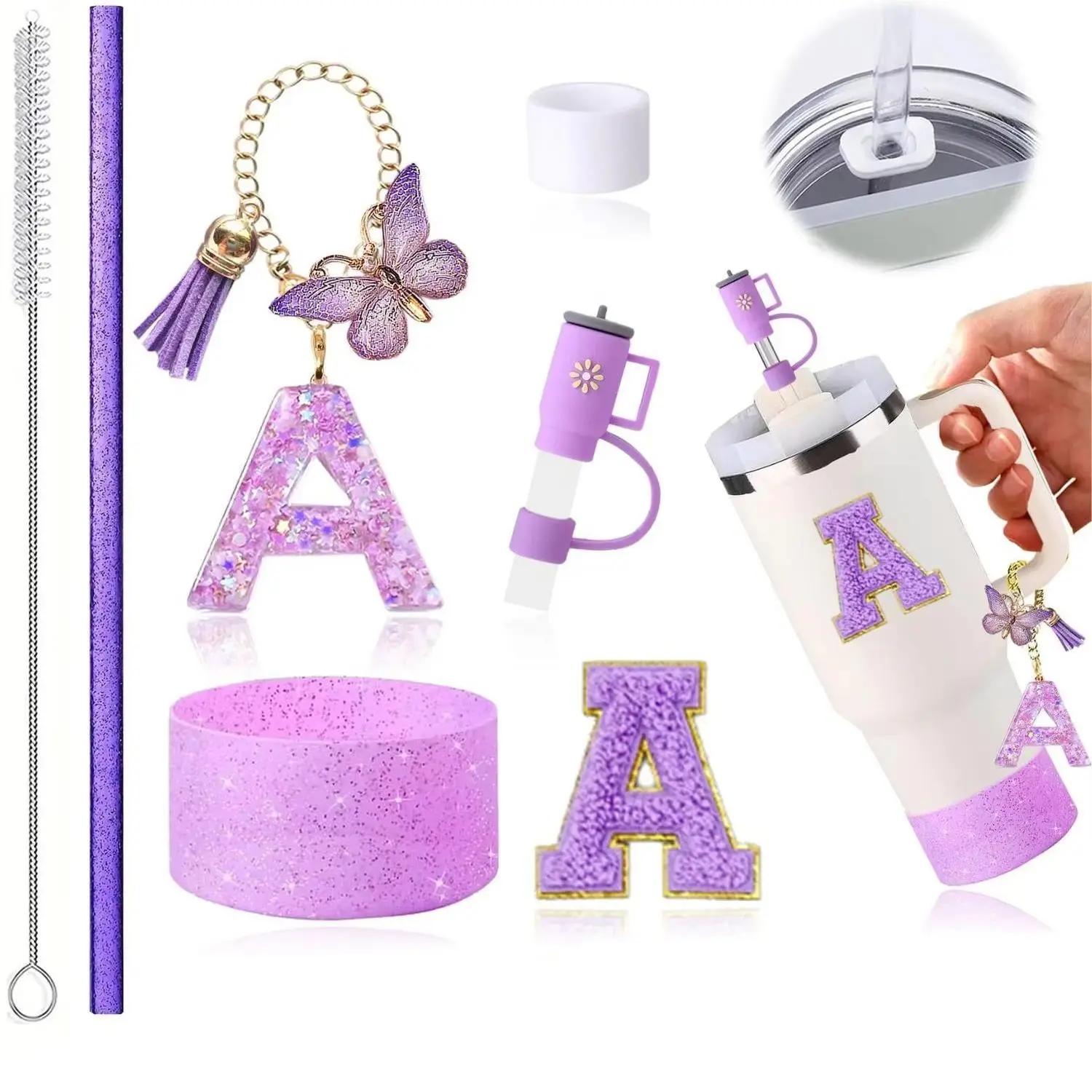 Purple Sequin Butterfly Letter Tassel Pendant Teacup Straw Topper Dust Brush Cup Holder Cross-Border Shiny Cute Accessory