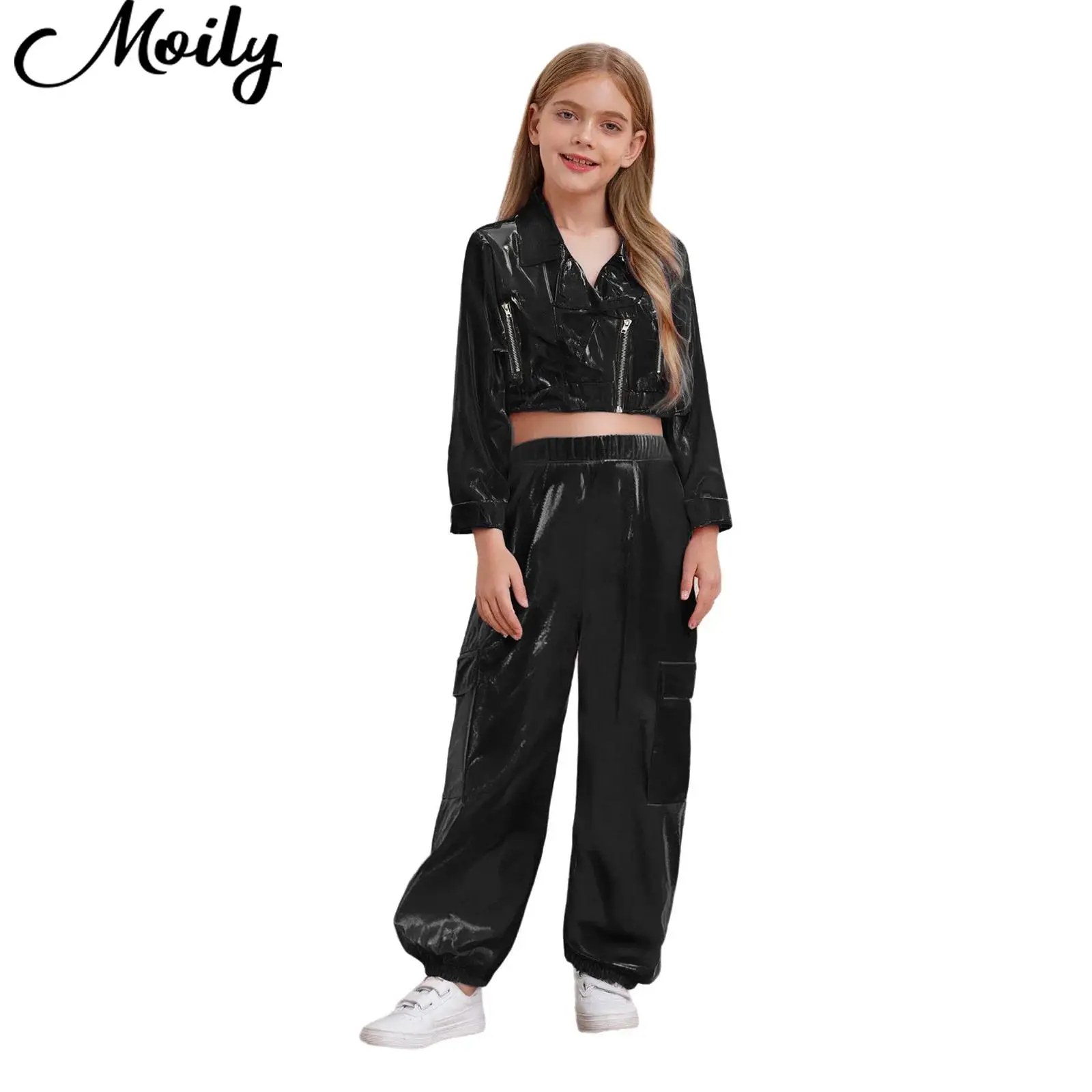 

Unisex Kids Boys Girls Hip-Hop Jazz Dance Stage Set Zipper Metallic Jacket Long Sleeve Outwear with Shiny Pant for Children Size