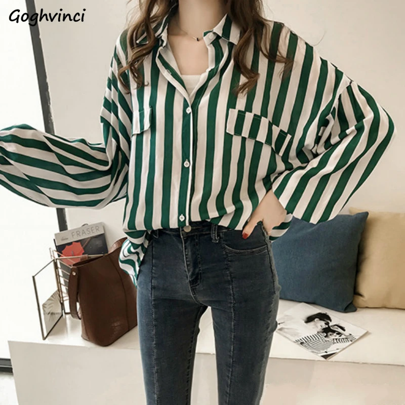 Shirts Women Spring Long Sleeve Striped Pockets Leisure All-match 4XL Loose OL Chic Elegant Korean Style BF New Fashion Daily