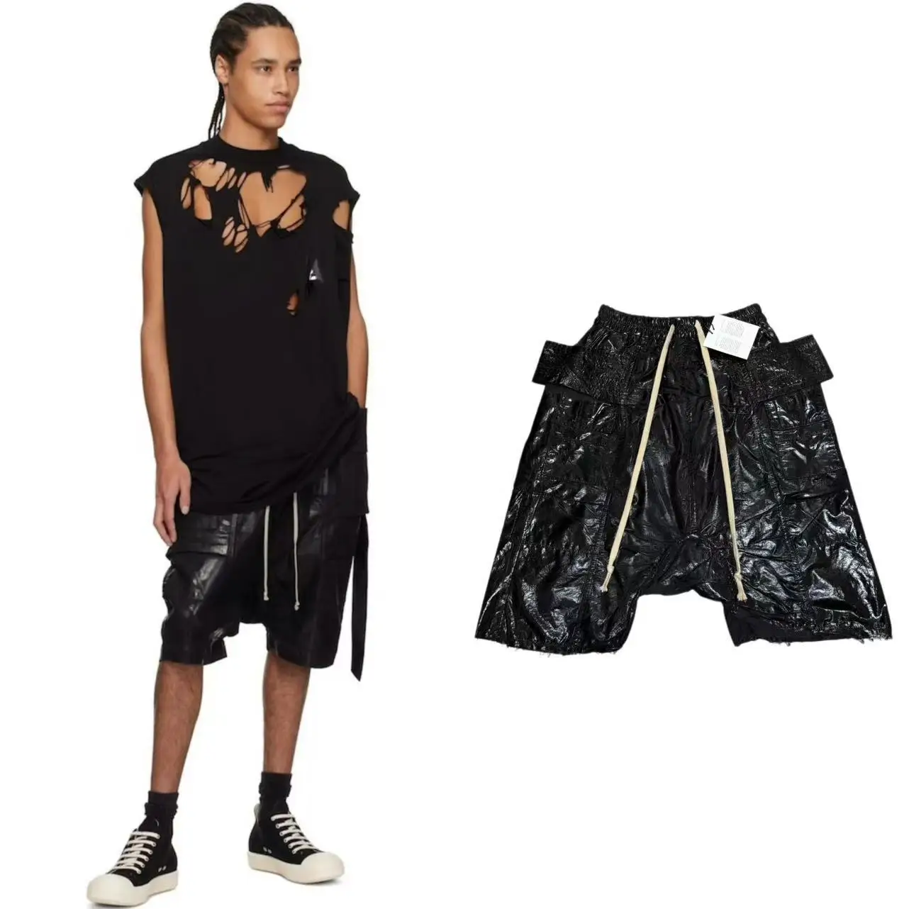 

Rick RO 26ss Double Ring Waxed Leather Casual Seven-Piece Shorts Dark Style European Brushed Solid Color Workwear Casual Pants