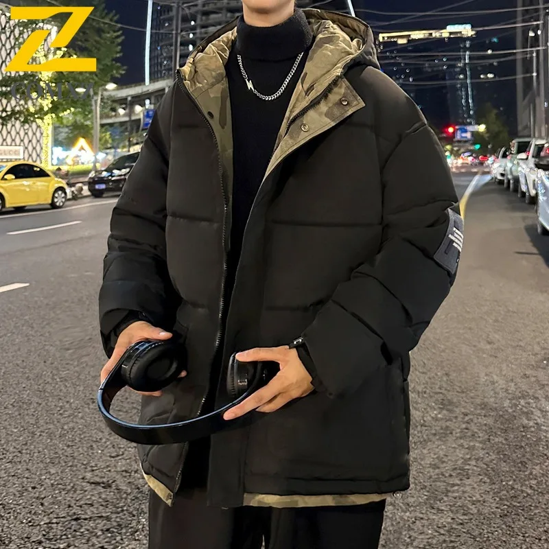 COMXZ Winter Men Puffer Jacket Thickened Loose Fit Trendy Plus Size Cotton-Padded Down Coat Hood Camouflage Patchwork Outerwear